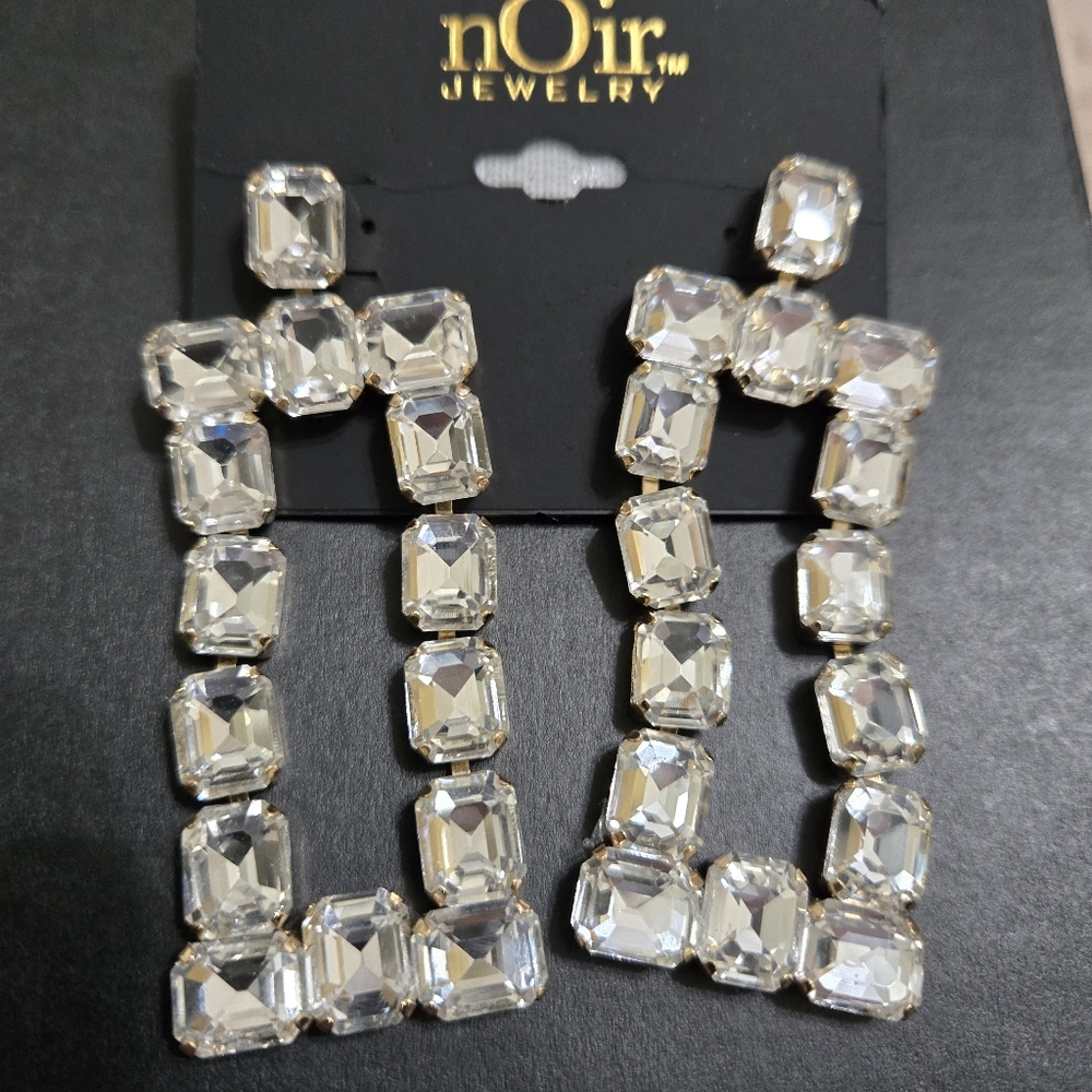 New Noir Jewelry Crystal Earrings Statement Rectangular Oversized Diamond Silver